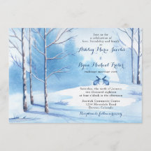 冬の結婚式招待状の水彩画の木のウサギ