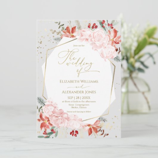 冬の結婚式招待状金箔ウォーターカラーフローラ 招待状 (スタンド正面)