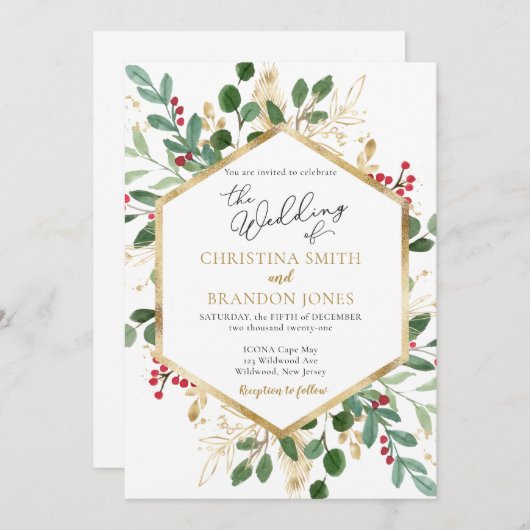 冬の結婚式招待状 – クリスマス花模様 招待状 (正面/裏面)