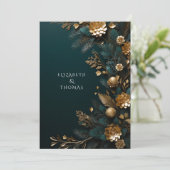 冬の結婚式金ゴールド松の円錐緑の松の針 招待状 (スタンド正面)
