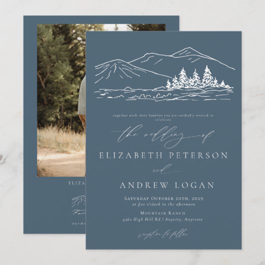 冬の結婚式 | 松の木の森の素朴な山 招待状 (正面/裏面)