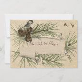 冬の結婚式、松ぼっくり ブラック キャップ シカデー 招待状 (正面)