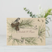 冬の結婚式、松ぼっくり ブラック キャップ シカデー 招待状 (スタンド正面)