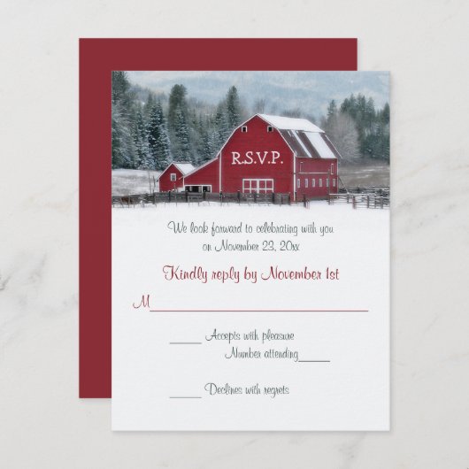 冬の結婚式 赤い納屋の返信カード 招待状 (正面/裏面)