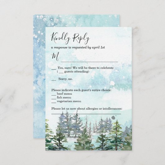 冬の結婚式 雪 松の木 RSVPカード 招待状 (正面/裏面)