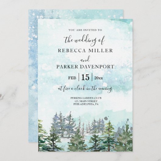 冬の結婚松の木に雪の降る誘い 招待状 (正面/裏面)