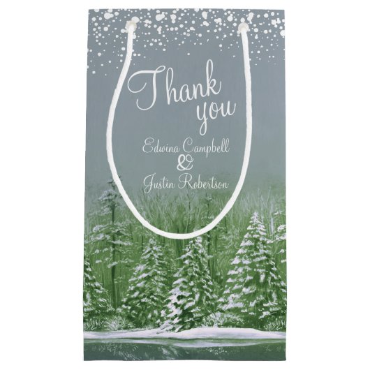 冬の結婚松の木の緑の灰色のア感謝していート スモールペーパーバッグ (正面)