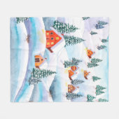 冬の絵を描手水色イラストレーション フリースブランケット (正面(横))