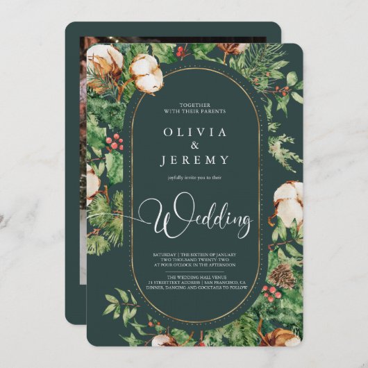 冬の綿花と緑の写真結婚の 招待状 (正面/裏面)