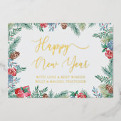 冬の緑と松のコーン幸せな新年金ゴールド 箔シーズンカード (正面)