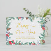 冬の緑と松のコーン幸せな新年金ゴールド 箔シーズンカード (立ち正面)