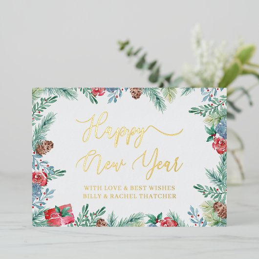 冬の緑と松のコーン幸せな新年金ゴールド 箔シーズンカード (立ち正面)