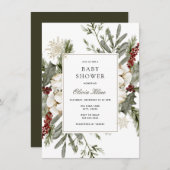 冬の緑と花のベイビーシャワー 招待状 (正面/裏面)