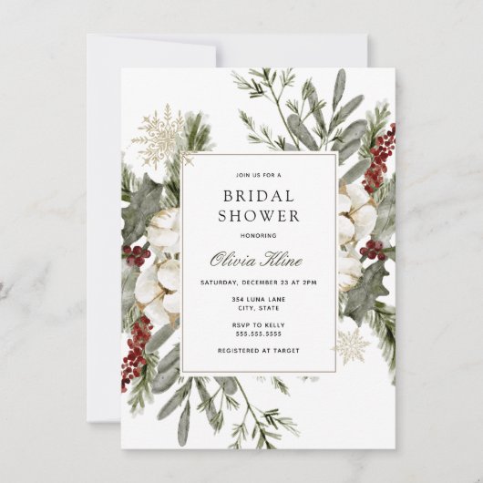 冬の緑と花模様ブライダルシャワー 招待状 (正面)