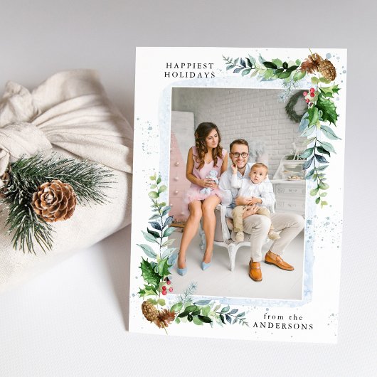 冬の緑と青の水彩写真 シーズンカード