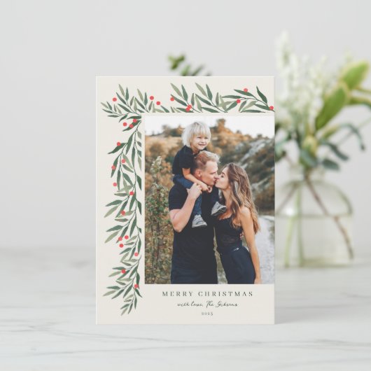 冬の緑のアイボリー写真クリスマスプティ シーズンカード (スタンド正面)