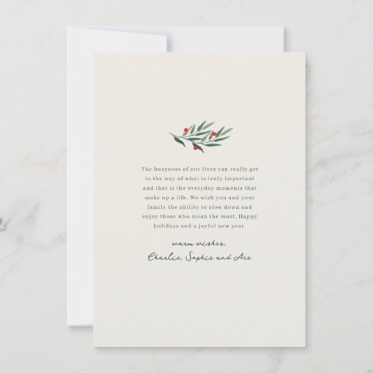冬の緑のアイボリー写真クリスマスプティ シーズンカード (裏面)