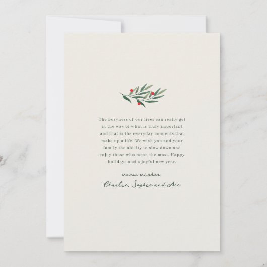 冬の緑のアイボリー3写真クリスマス シーズンカード (裏面)