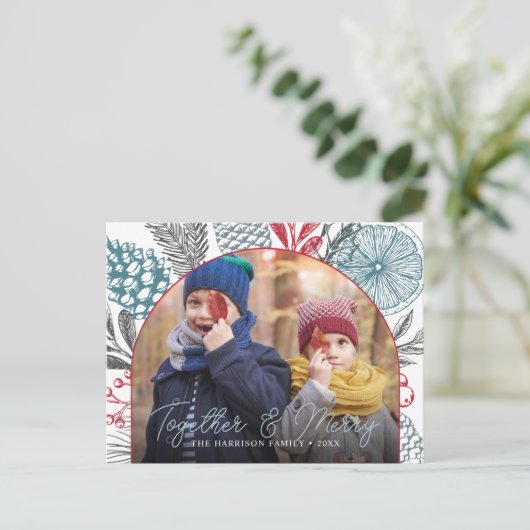 冬の緑のアーチフレームの写真 シーズンポストカード (スタンド正面)