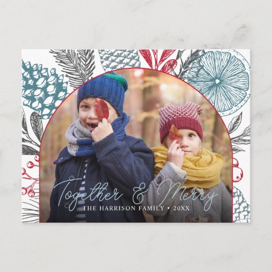 冬の緑のアーチフレームの写真 シーズンポストカード (正面)