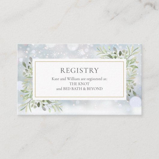 冬の緑のウェディングシャワーギフトレジストリ エンクロージャーカード (正面)