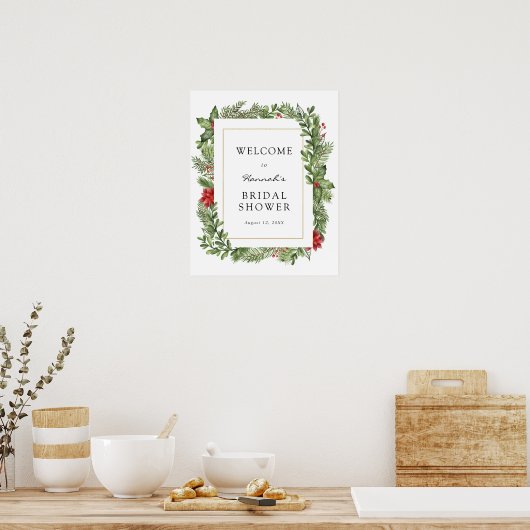 冬の緑のウェディングシャワー歓迎の看板 ポスター (キッチン)