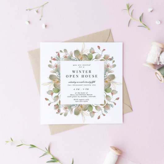 冬の緑のエレガントなスクエアオープンハウス 招待状