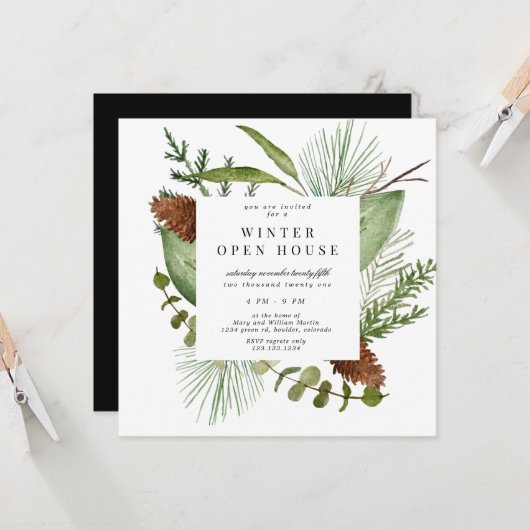 冬の緑のエレガントなスクエアオープンハウス 招待状 (正面/裏面インサイチュ)
