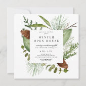 冬の緑のエレガントなスクエアオープンハウス 招待状 (正面)