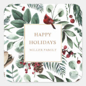 冬の緑のカーディナル ハッピー ホリデー モノグラム スクエアシール (正面)