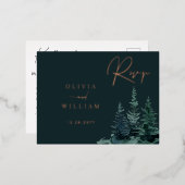 冬の緑のクリスマスツリーズホリデーグリーンRSVP 箔招待状ポストカード (正面/裏面)