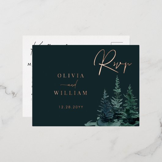 冬の緑のクリスマスツリーズホリデーグリーンRSVP 箔招待状ポストカード (正面/裏面)