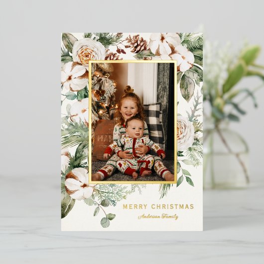 冬の緑のクリスマスフォト 箔シーズンカード (立ち正面)