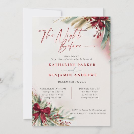 冬の緑のクリスマスボウ結婚のリハーサル 招待状 (正面)