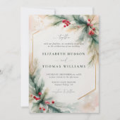 冬の緑のクリスマスレッドエレガントな結婚式 招待状 (正面)
