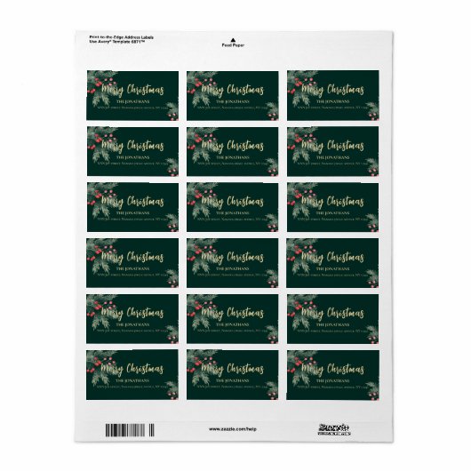 冬の緑のクリスマス・エレガントな差出人住所 ラベル (フルシート)