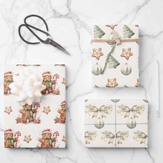 冬の緑のジンジャーブレッドクリスマス ラッピングペーパーシート (正面)