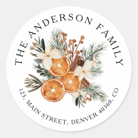 冬の緑のドライオレンジ差出人住所ラベル ラウンドシール (正面)