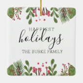 冬の緑のパーソナライズされた葉 セラミックオーナメント (裏面)