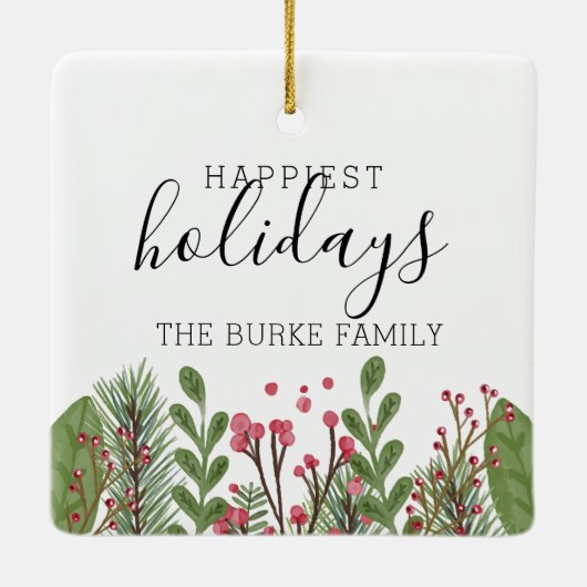 冬の緑のパーソナライズされた葉 セラミックオーナメント (裏面)