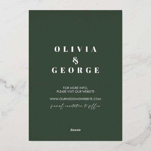 冬の緑のピネコーンクリスマスは日付を保存 箔招待状 (裏面)