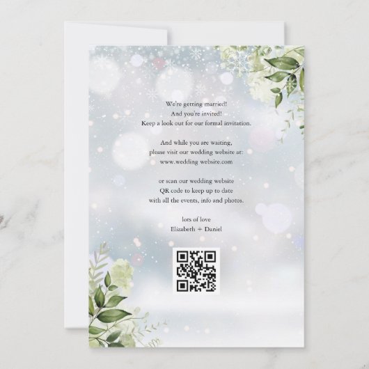 冬の緑のフローラQRコー結婚ド セーブザデート (裏面)
