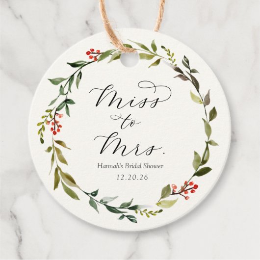 冬の緑のブライダルシャワーのエレガントなギフトタグ フェイバータグ (正面)