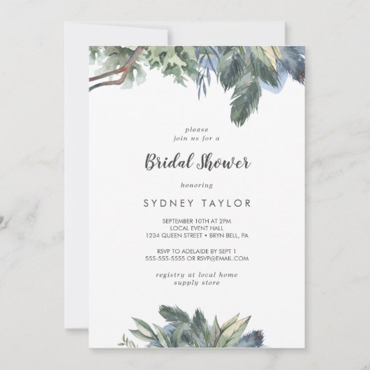 冬の緑のブライダルシャワーへの招待 招待状 (正面)