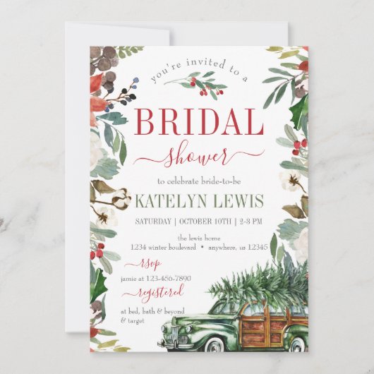 冬の緑のブライダルシャワー招待トラック 招待状 (正面)