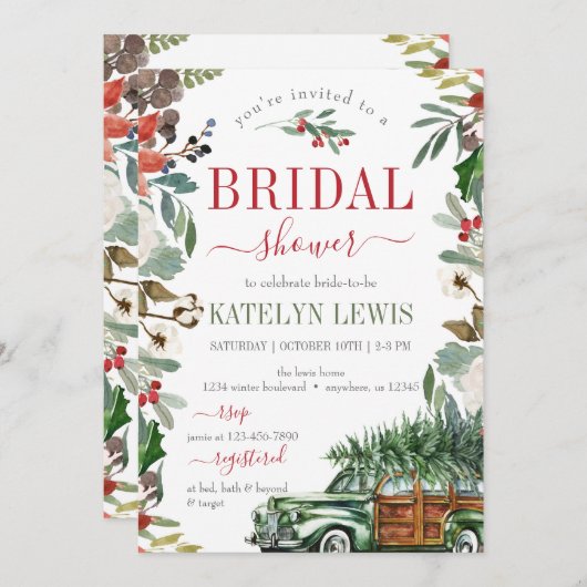 冬の緑のブライダルシャワー招待トラック 招待状 (正面/裏面)