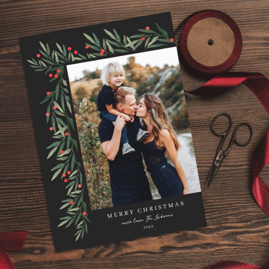 冬の緑のブラックフォトクリスマス シーズンカード