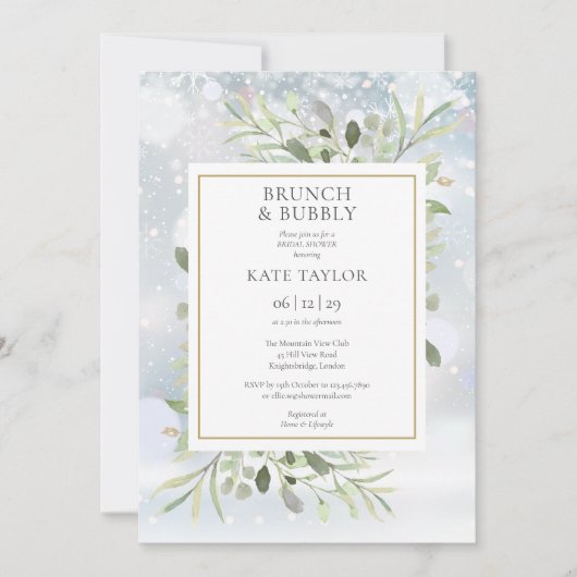 冬の緑のブランチとバブル ブライズシャワー 招待状 (正面)