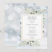冬の緑のブランチとバブル ブライズシャワー 招待状 (正面/裏面)