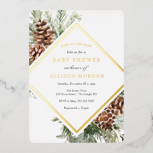 冬の緑のベビーシャワーフォイル招待状 箔招待状 (正面)